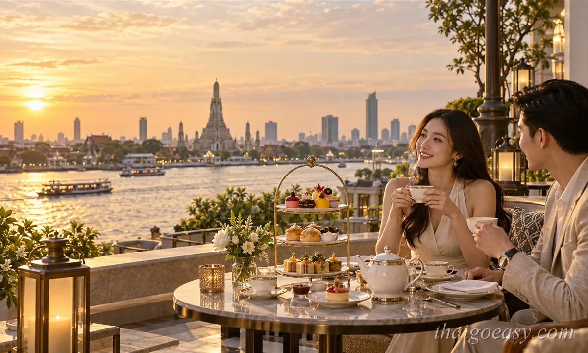 曼谷下午茶推薦：昭披耶河畔飯店露台的三層點心架，夕陽下的鄭王廟與遊船