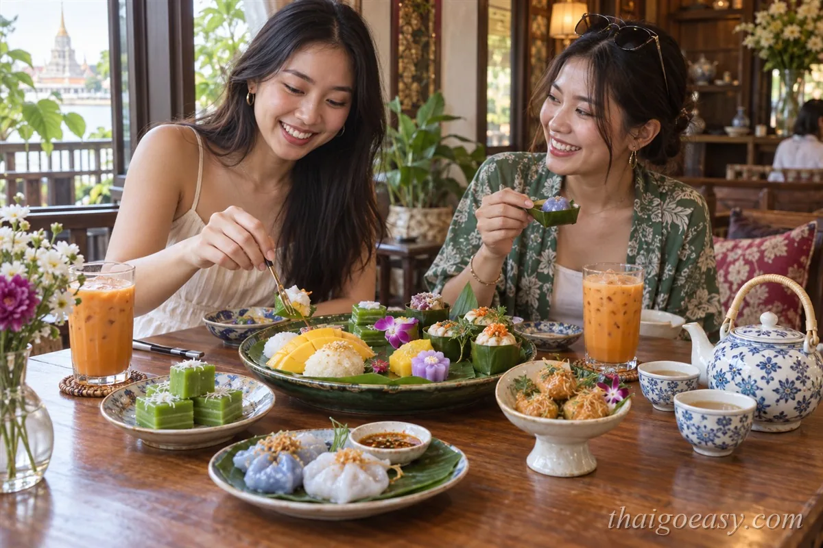 兩位旅客在泰式茶室分享一盤芒果糯米飯、班蘭糕與蝶豆花糕點，配泰式奶茶