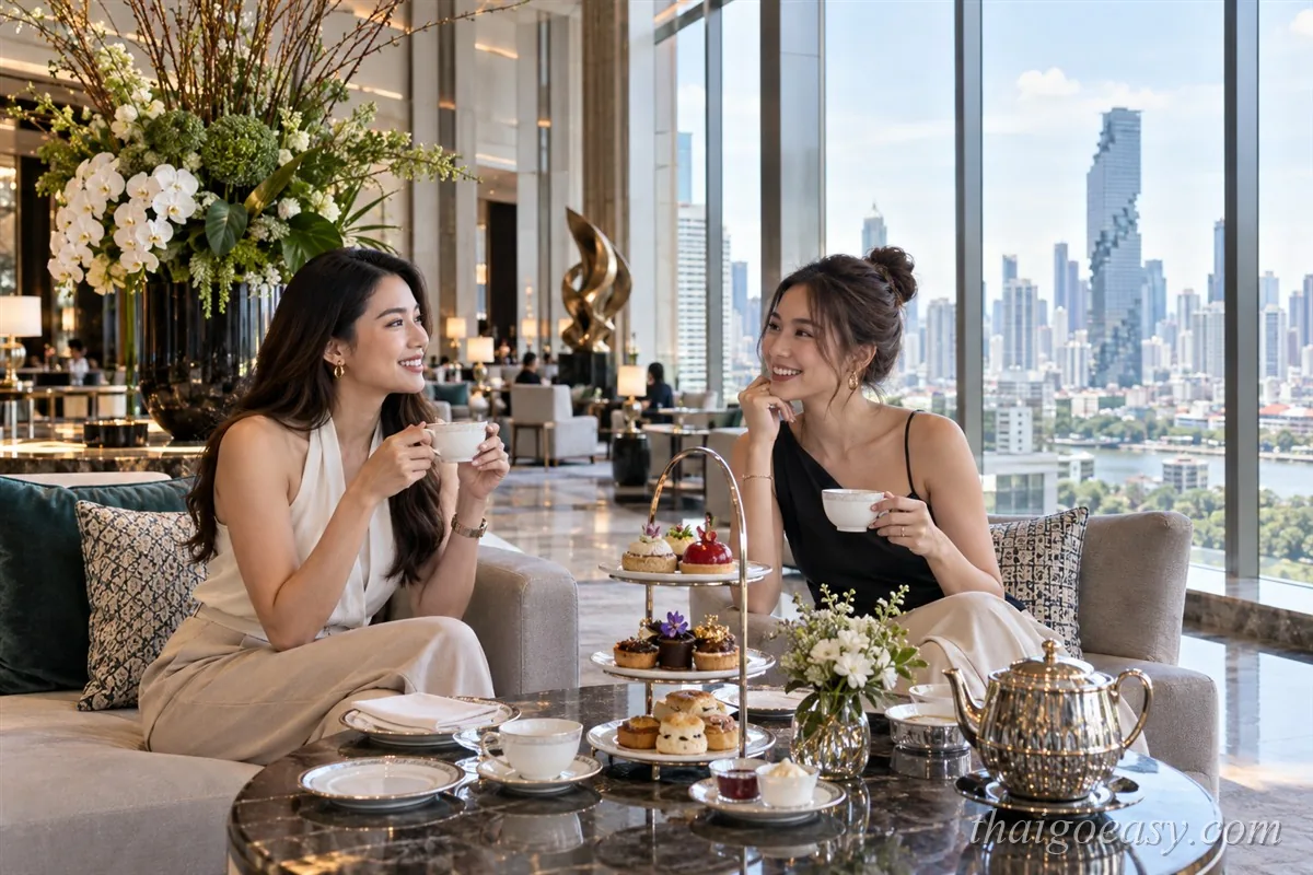 市區飯店挑高大廳酒廊的下午茶，落地窗外是曼谷天際線