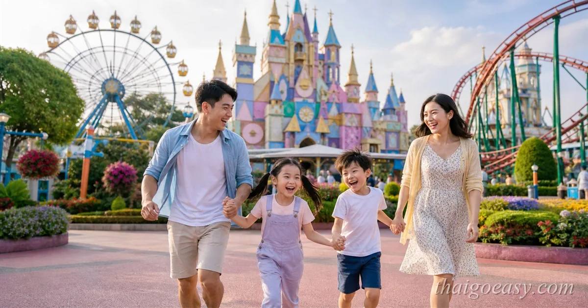 Dream World 主題樂園城堡與摩天輪，一家人走在園區步道