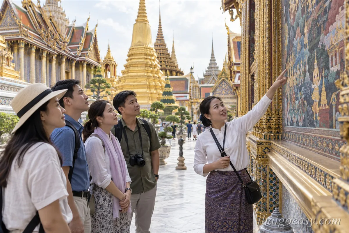 中文導遊在玉佛寺迴廊向四位旅客講解壁畫，背景是金色舍利塔