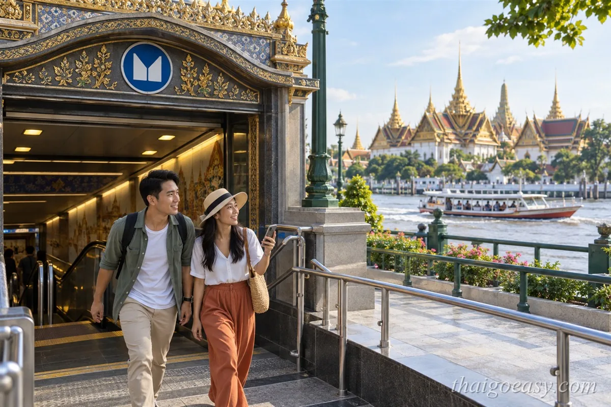 一對旅客走出裝飾著泰式圖紋的 MRT 站出口，遠處是昭披耶河與大皇宮的尖頂