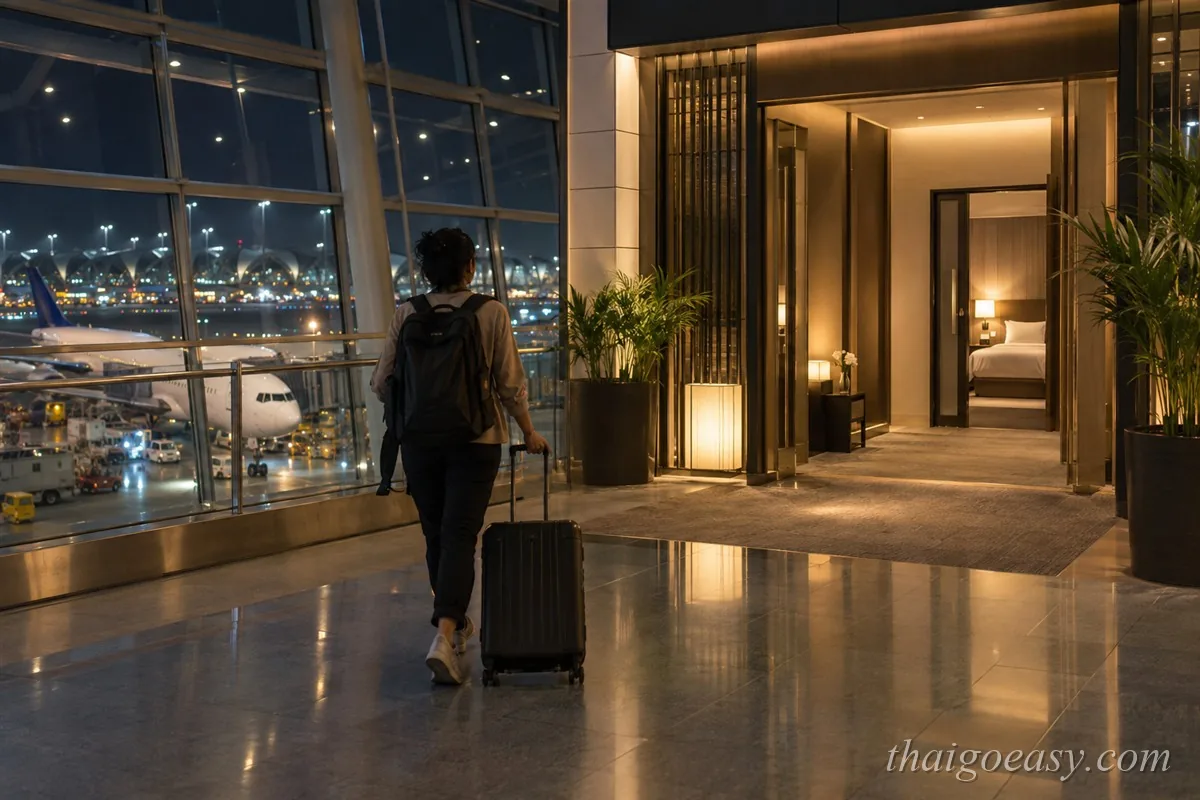 深夜的機場管制區內，旅客拖著行李走向過境旅館入口，窗外停著客機