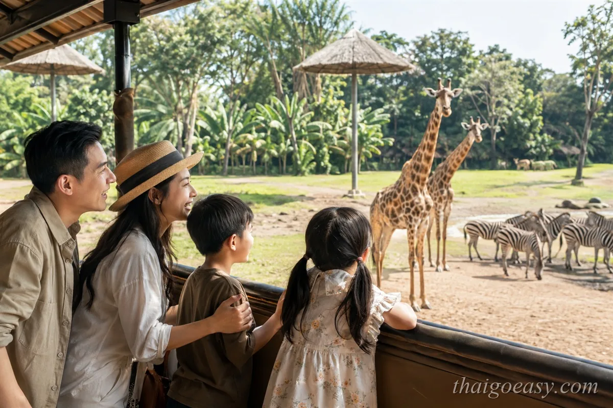 Safari World 車遊區，一家人在觀景車上看長頸鹿與斑馬