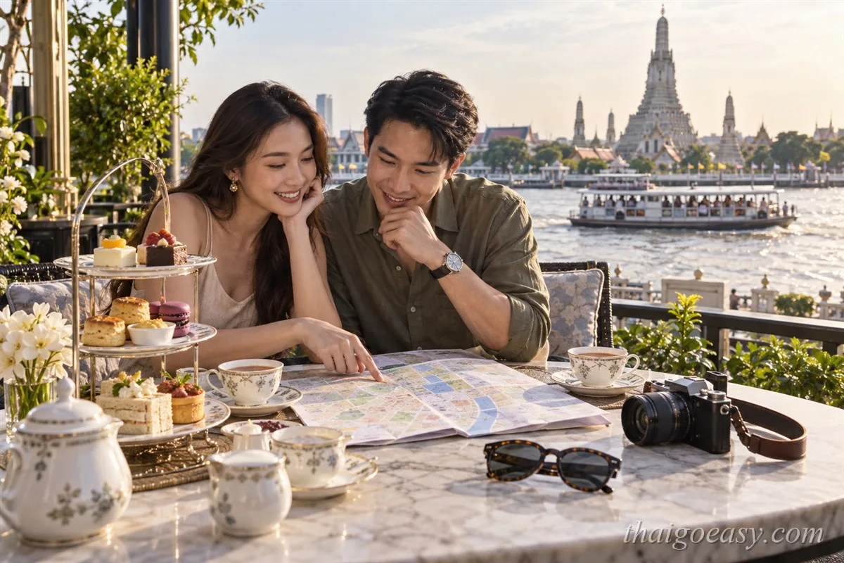 一對旅客在河畔露台的下午茶桌上攤開曼谷地圖規劃行程，背景是鄭王廟與遊船
