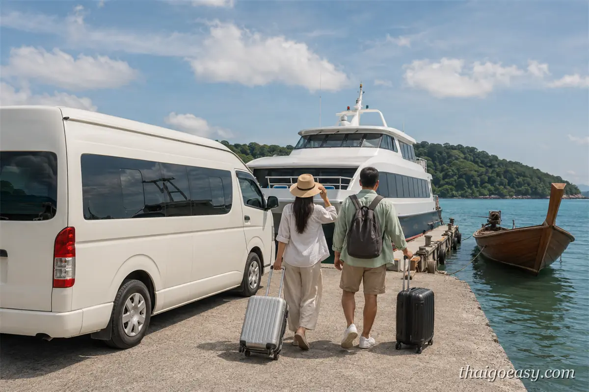 兩名拖著行李箱的旅客從白色接駁廂型車走向碼頭，前方停著白色雙層客船，右側水面上有一艘木造長尾船