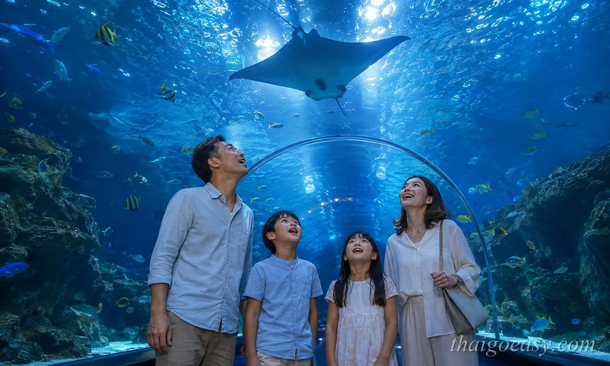 暹羅海洋世界海底隧道，魟魚從遊客頭頂游過