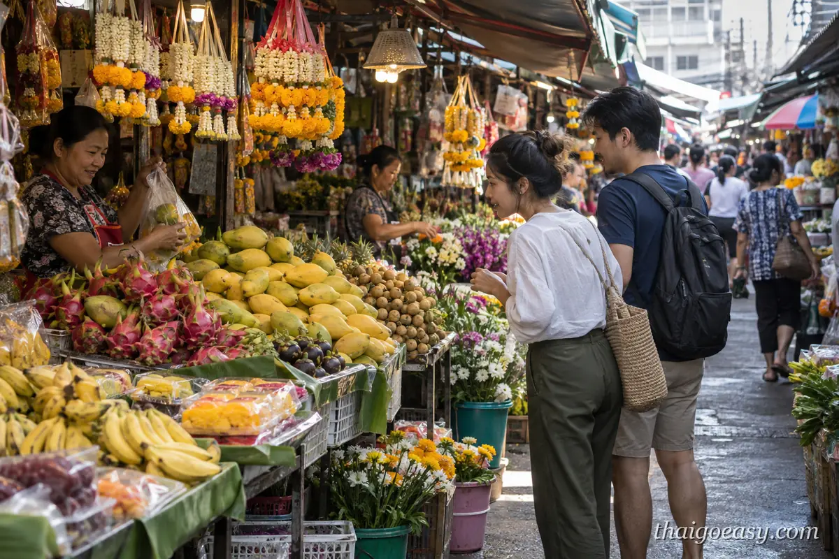 清邁市場走道,攤前掛著萬壽菊與茉莉花環,水果攤擺滿火龍果、芒果與龍眼,一對旅客正在向攤商挑選