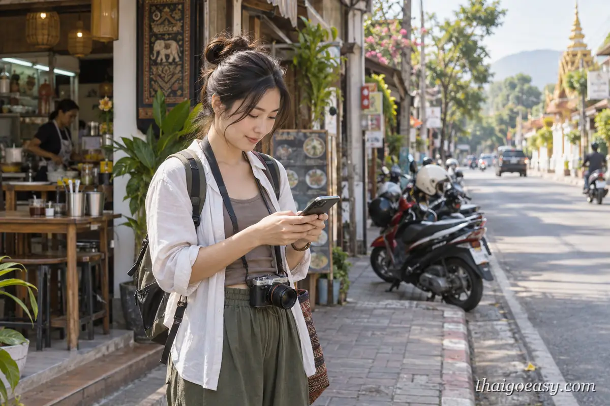 女性旅客背著背包站在店家騎樓前低頭看手機，路邊停著一排機車，遠處是寺廟的金色屋頂
