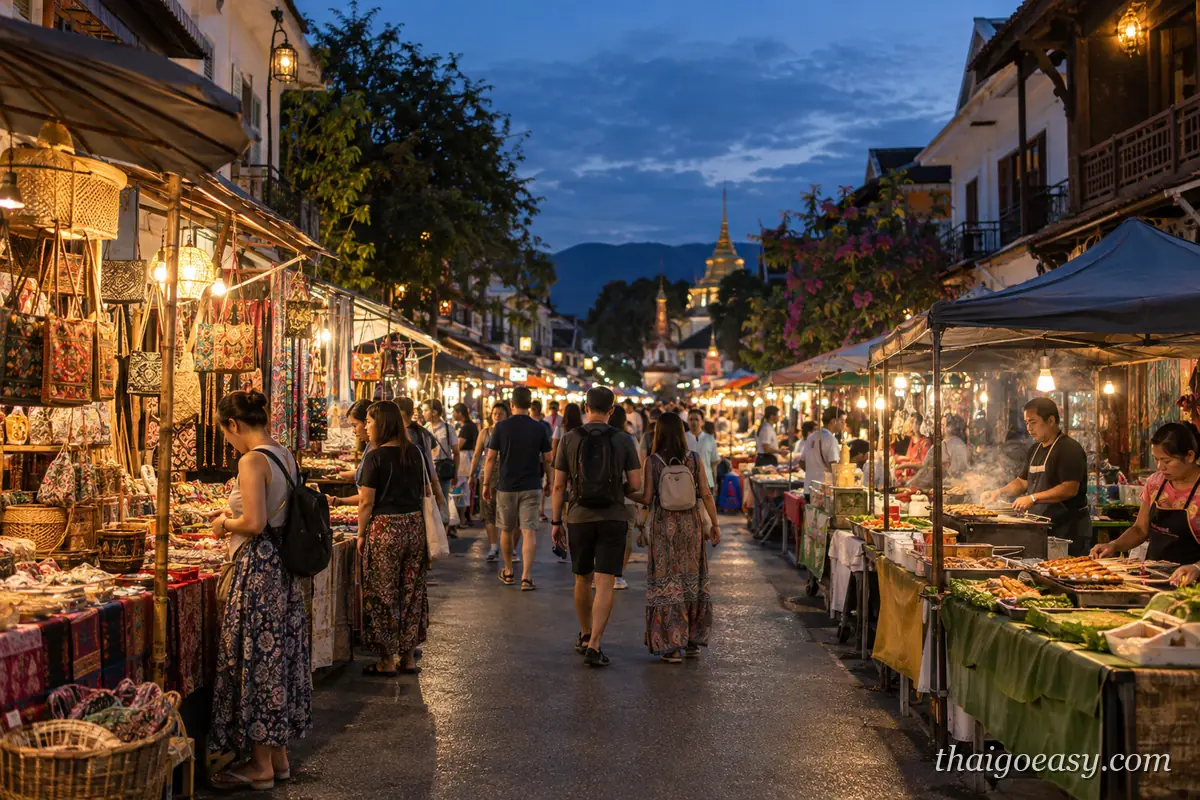 傍晚封街的清邁夜市，左側是手工藝與布料攤、右側燒烤食攤冒著煙，人潮走在街道中央，街底是寺廟金塔與遠山