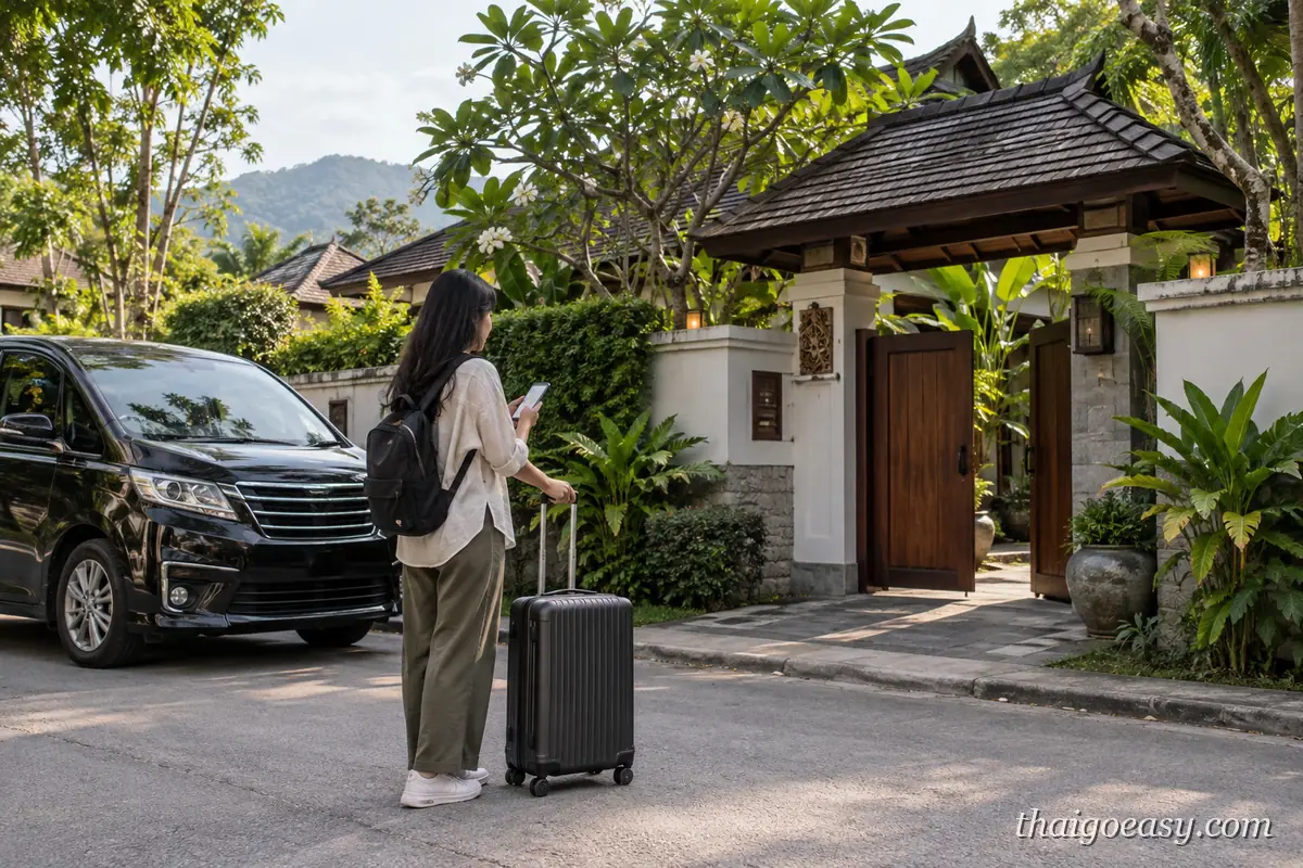 旅客站在別墅大門外低頭看手機，路邊停著接送用的黑色廂型車