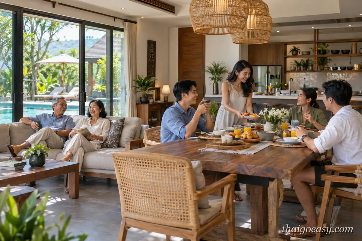 三代同堂在別墅的開放式客餐廳一起吃早餐，落地窗外就是泳池