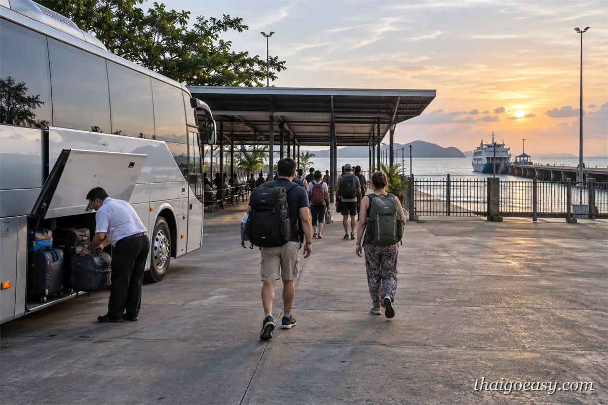 黃昏的春蓬碼頭，旅客從聯程巴士下車、拿了行李走向棧橋，遠處是停靠的渡輪