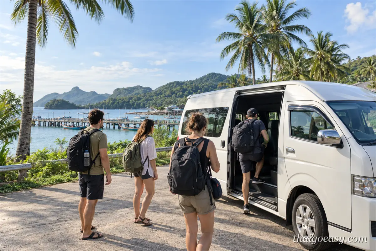三位背包客準備上白色接駁廂型車，背景是海灣與碼頭