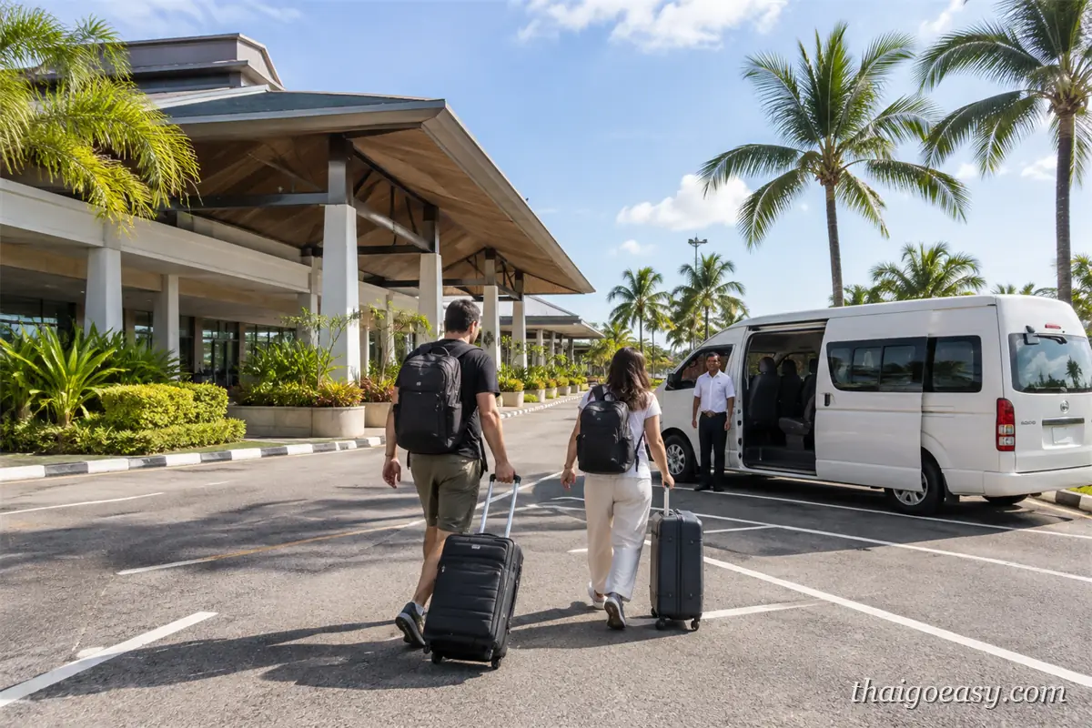 兩位旅客拖著行李走出小型機場航廈，接駁廂型車在門口等候