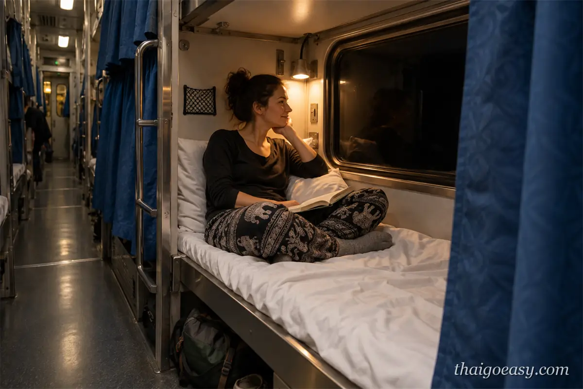 泰國南線夜臥火車二等冷氣臥鋪，旅客坐在下鋪看書，走道兩側是藍色簾幕