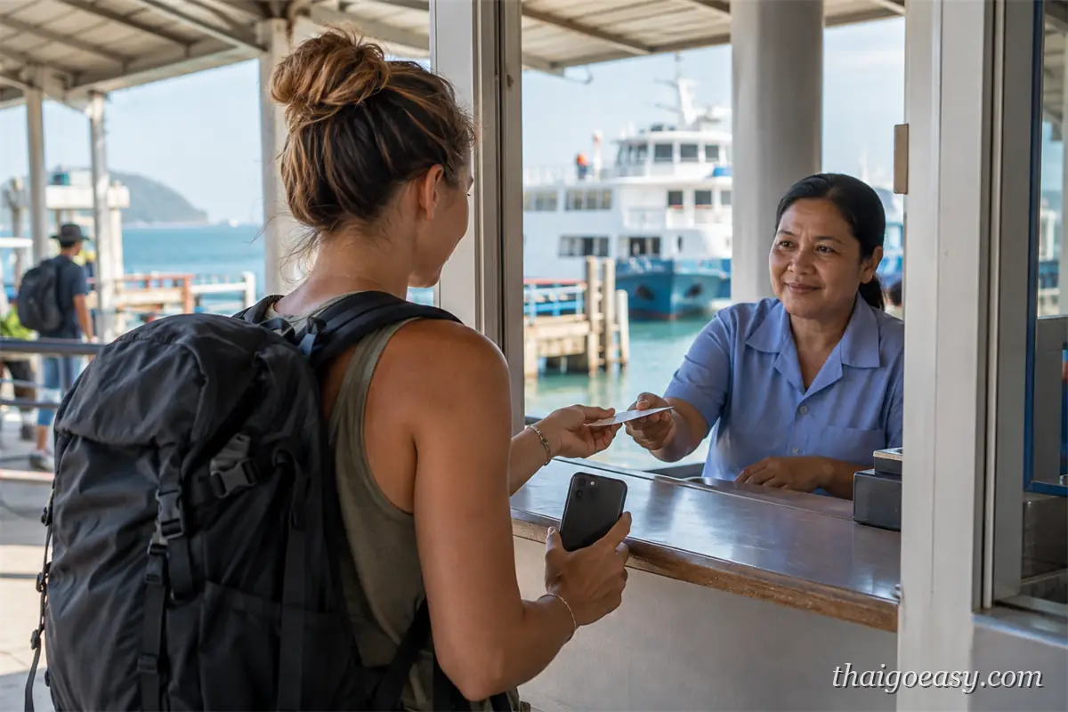背著背包的旅客在碼頭售票亭窗口向售票員取票，背景是停泊的渡輪