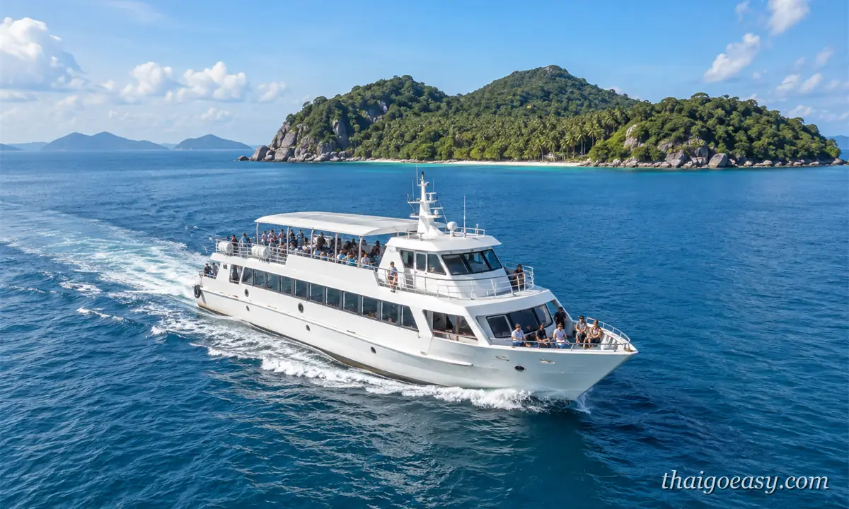 白色高速客船航行在泰國灣海面，甲板上坐滿旅客，背景是綠色小島與藍天
