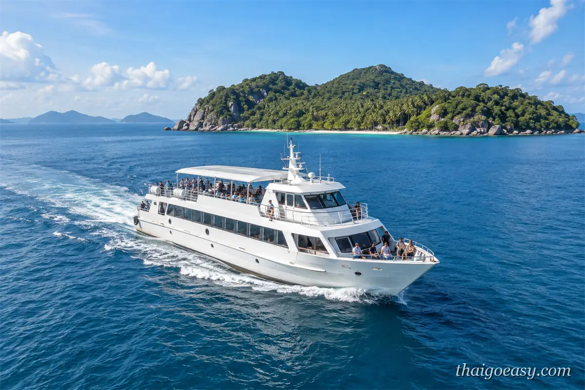 白色高速客船航行在泰國灣海面，甲板上坐滿旅客，背景是綠色小島與藍天