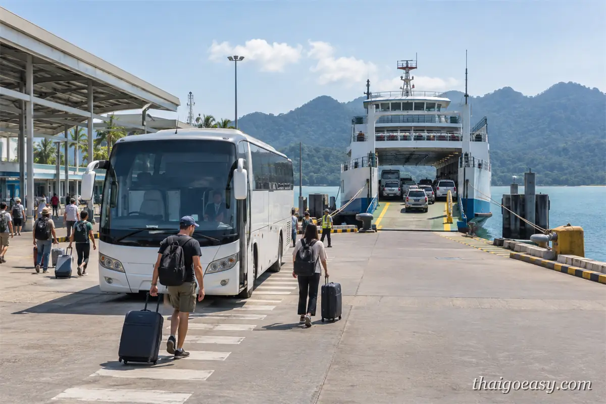 遊覽車停在碼頭旁，旅客拖著行李走向敞開船艏的載車渡輪，車輛正開上船