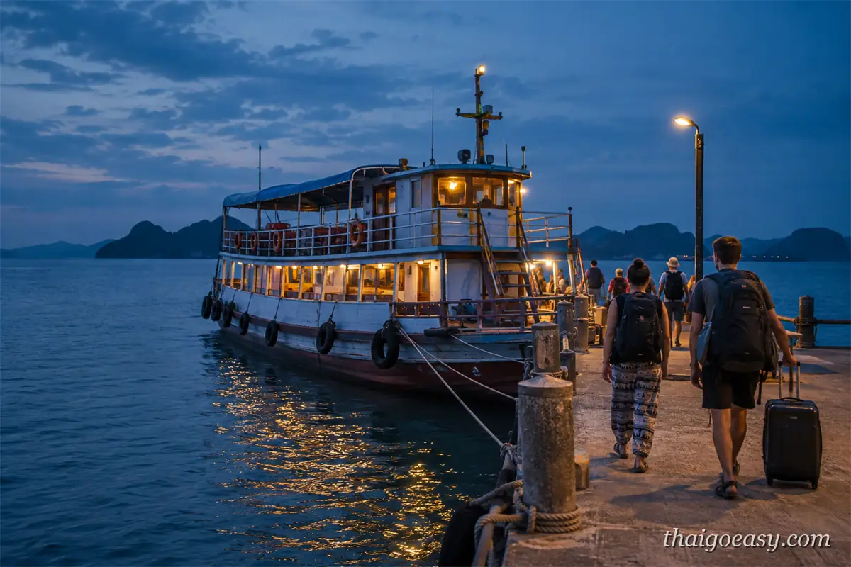 夜船在藍色暮光中靠泊碼頭，船艙亮著燈，旅客拖著行李箱沿碼頭走向登船處