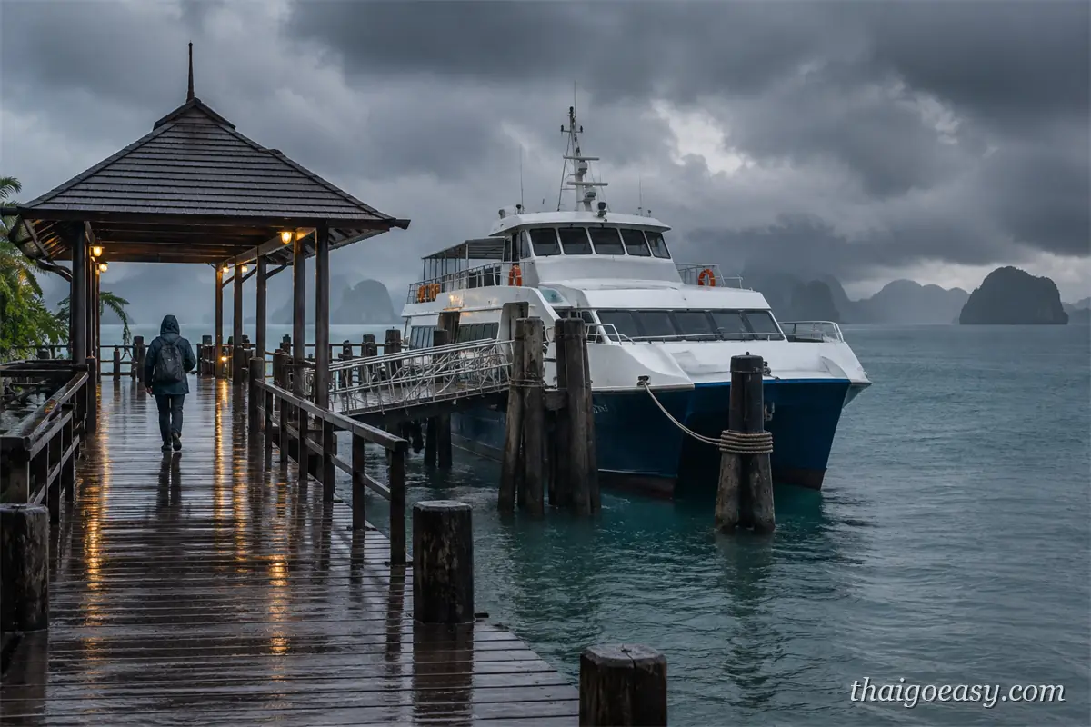 陰雨天的木棧碼頭，一名旅客走過濕漉漉的棧道，旁邊停著高速客船，天空烏雲低垂