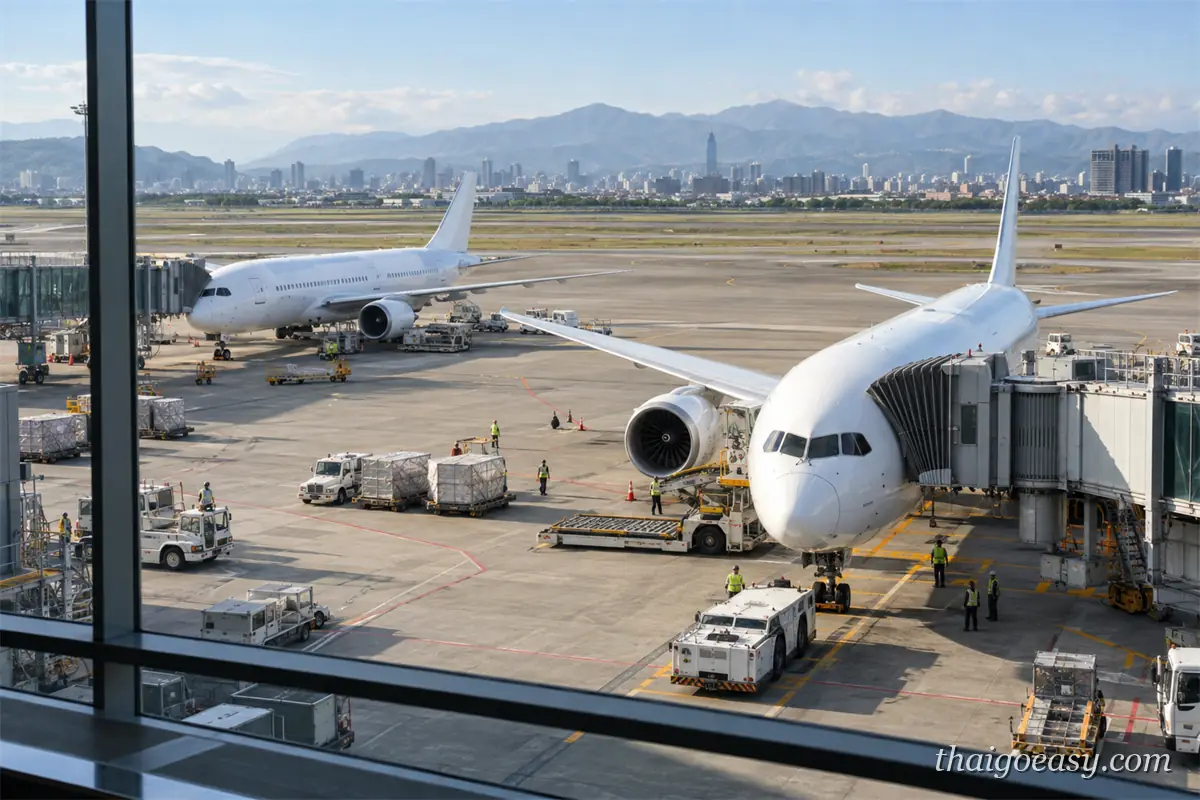 從桃園機場航廈俯瞰停機坪上兩架準備出發的客機，遠處是台北市區