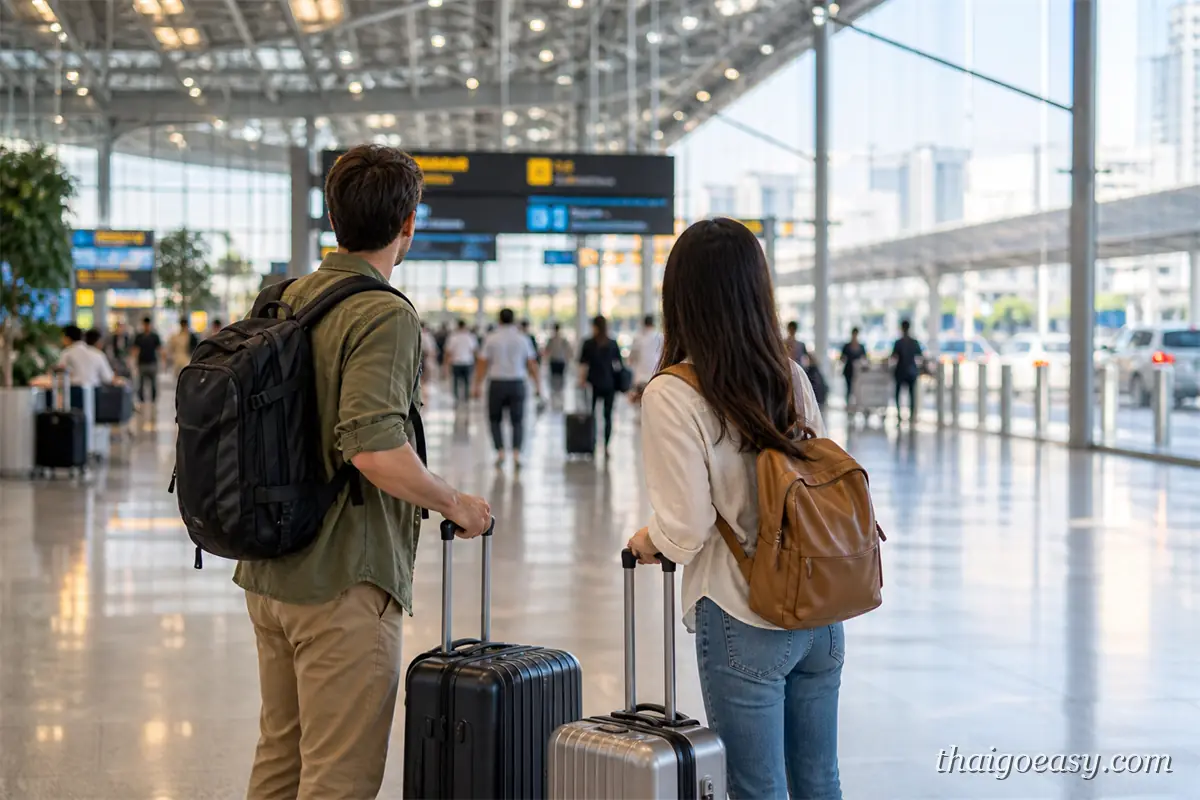 旅客拖著行李站在曼谷機場航廈大廳，抬頭看航班資訊看板