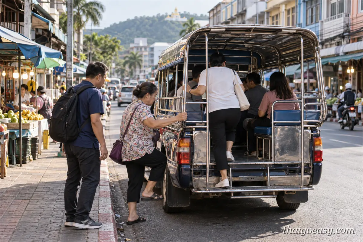 乘客正要爬上停在街邊的雙條車後車廂，車上已坐了幾名乘客，路旁是水果攤與遮陽棚，遠方山頂有一座金色佛塔