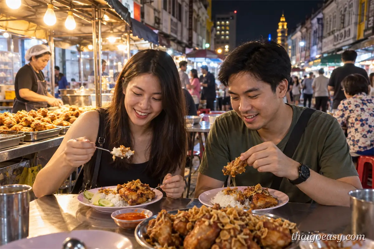 一對旅客在夜市的不鏽鋼桌前吃炸雞配白飯，攤位上擺著整盤炸物，背景是亮著燈的街屋與夜市人潮