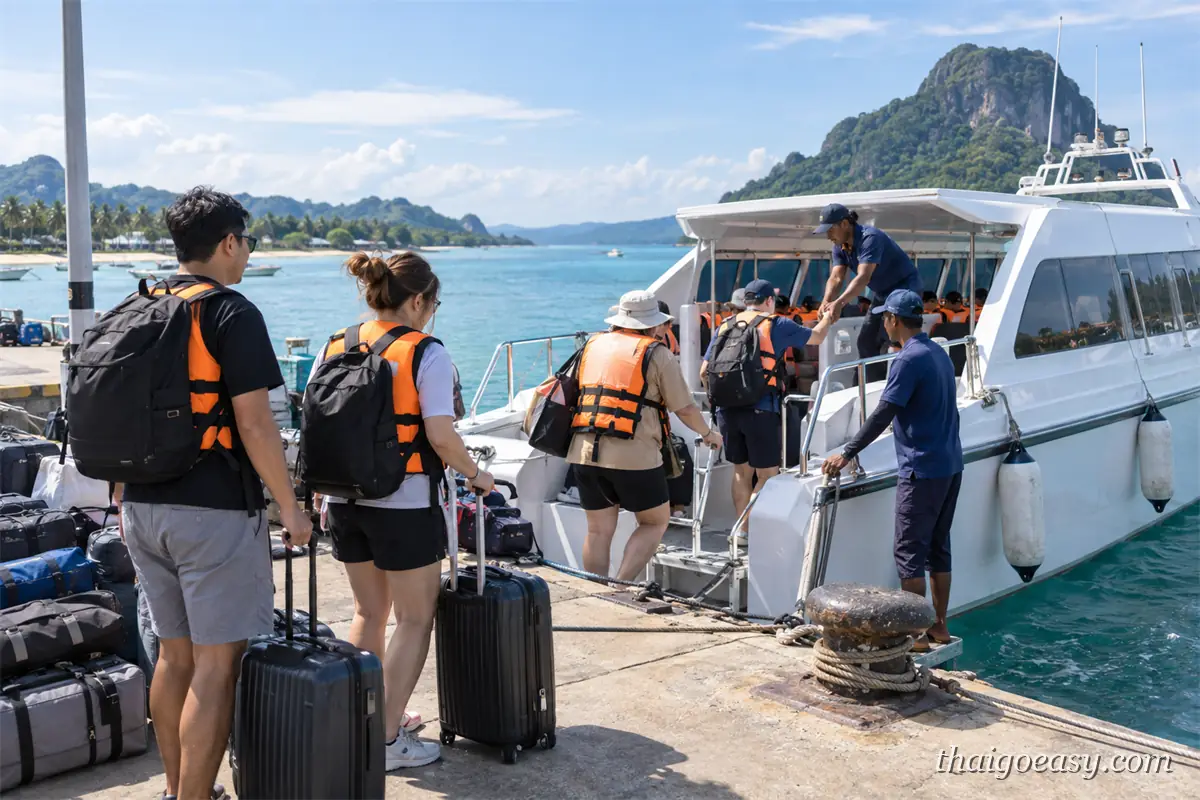 拉著行李箱與背著背包的旅客在碼頭排隊登上白色快艇，船員伸手攙扶，岸邊堆著成排的行李