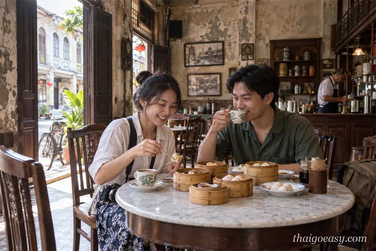 一對旅客在老式咖啡館的大理石圓桌前喝咖啡吃點心，桌上是數個竹編蒸籠，牆面斑駁並掛著老照片，門外是騎樓街景
