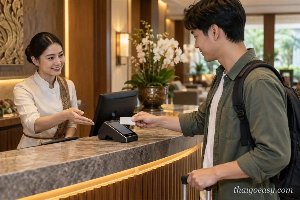 旅客在飯店櫃台把信用卡遞給櫃台人員，檯面上擺著刷卡機
