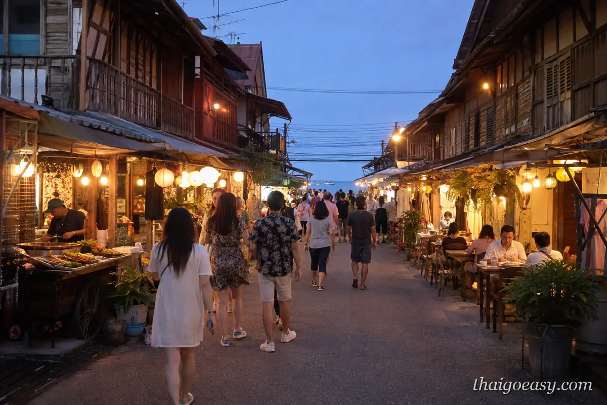傍晚的漁人村老街，兩側木造店屋亮起燈串，遊客在街上走動與用餐