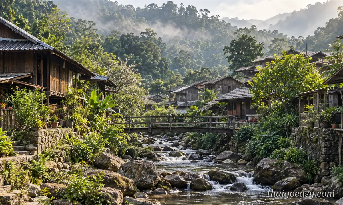 湄康蓬村木屋沿溪而建與跨溪木橋，背景是森林山谷與晨霧（精選圖用）