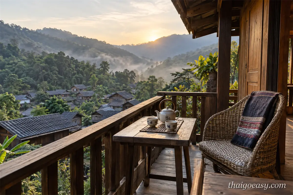 湄康蓬 homestay 的木造陽台，木桌上擺著茶壺與兩只茶杯，望出去是清晨的山谷雲霧與村屋屋頂