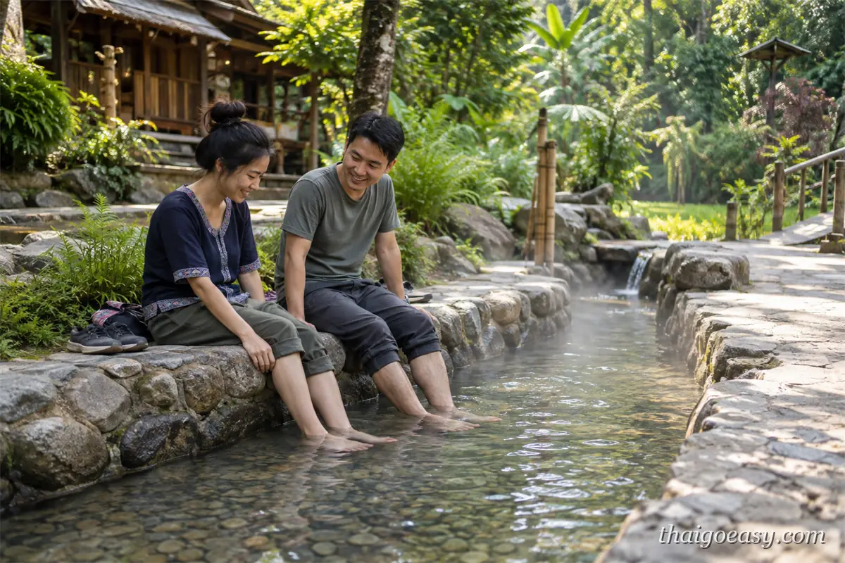 兩名旅客坐在山甘烹溫泉的石砌池畔泡腳，溫泉水面冒著白煙，背景是木造建築與綠樹
