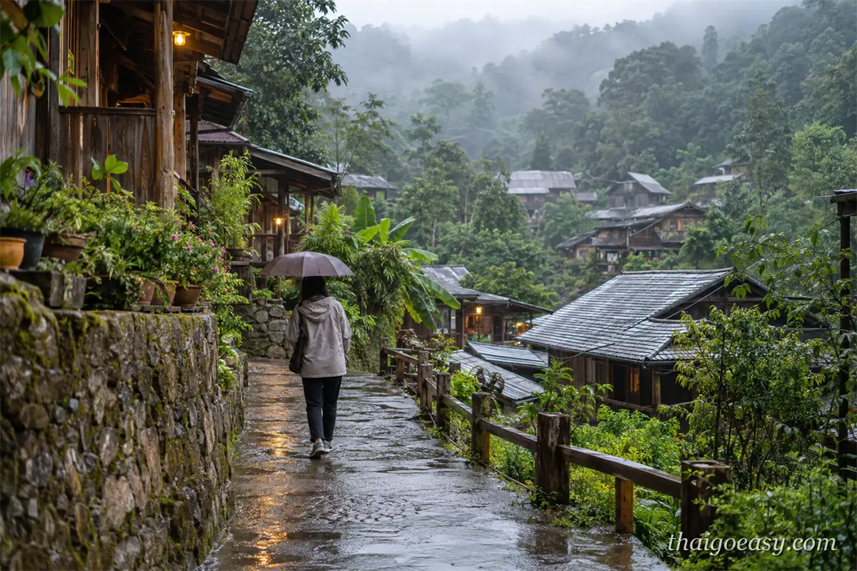 雨中的湄康蓬村石板步道，撐傘的旅客沿著石牆往前走，遠處木屋與山谷籠罩在霧雨裡