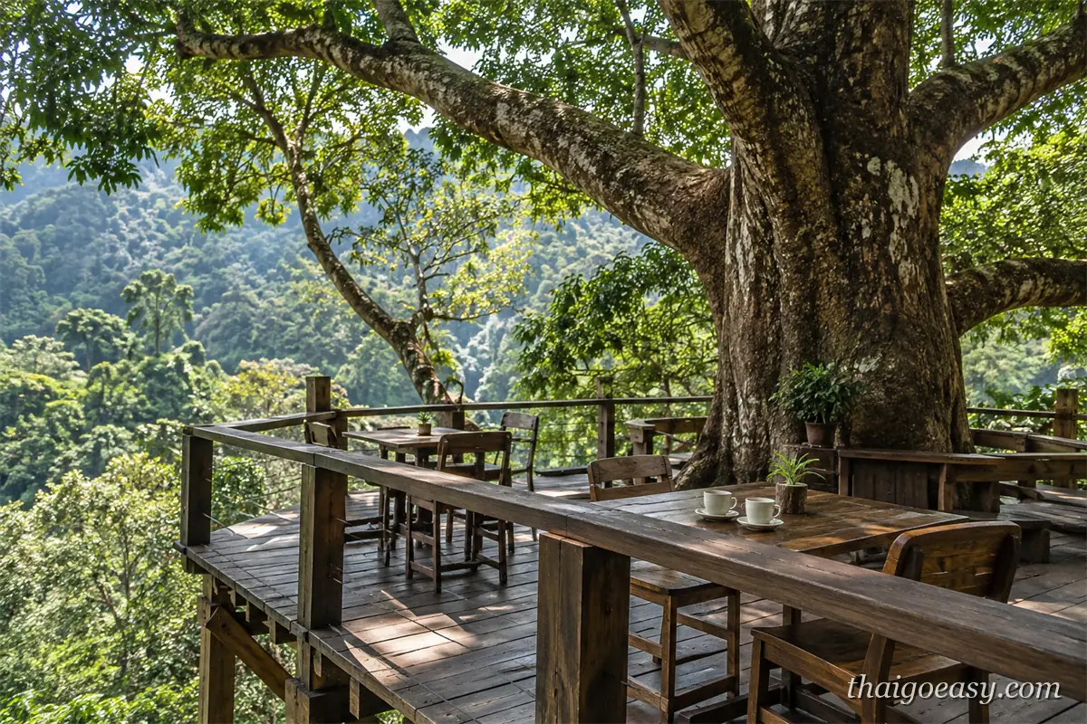 樹屋咖啡廳的木造平台座位圍著一棵大樹，桌上放著兩杯咖啡，欄杆外是整片森林山谷