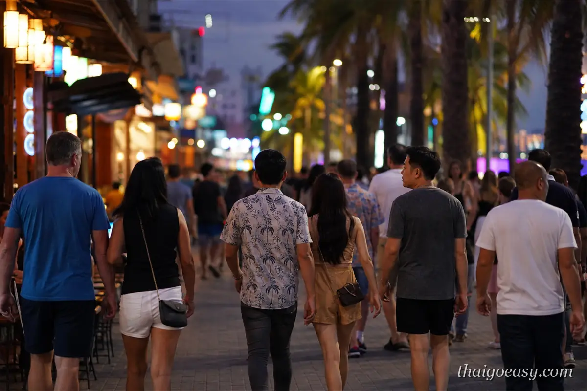 夜晚的芭達雅步行街人潮，兩側店家亮起霓虹招牌，行人沿著椰子樹下的街道走動