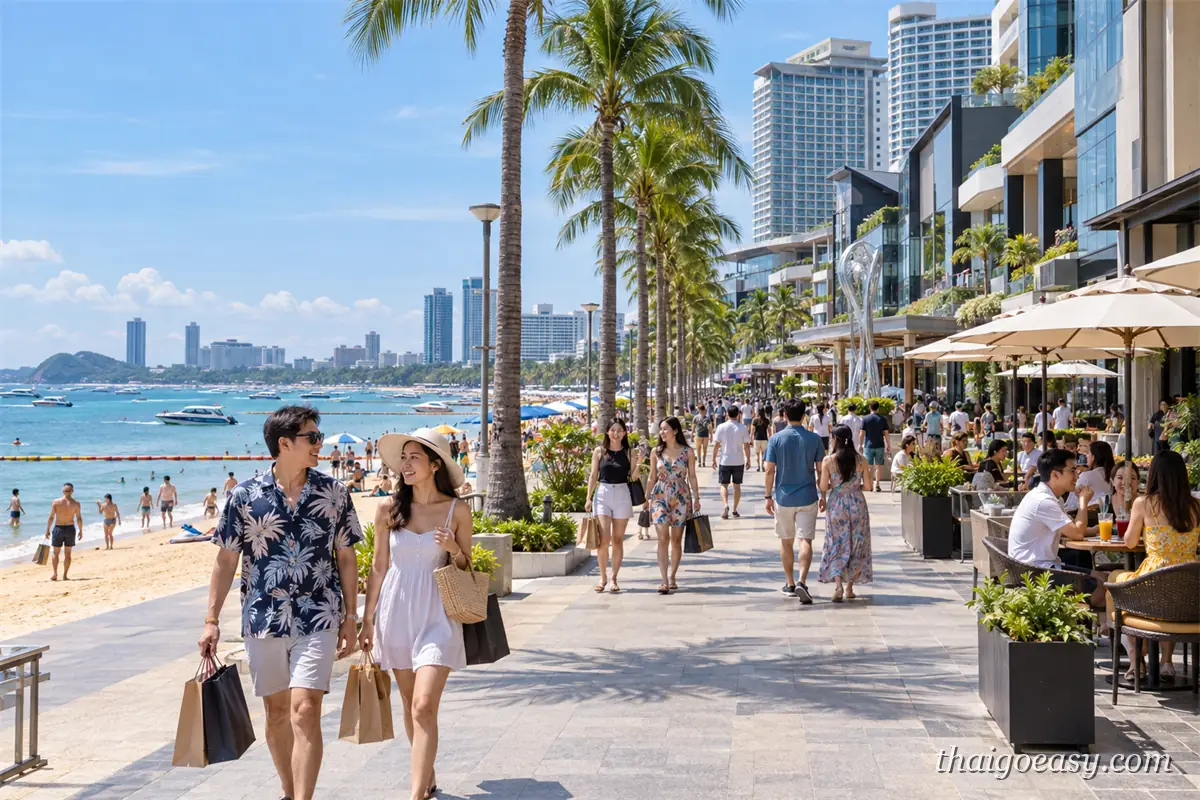 中芭海濱步道的白天人潮，一對旅客提著購物袋走過，右側是商場與露天座位區，左側是沙灘與海面上的快艇