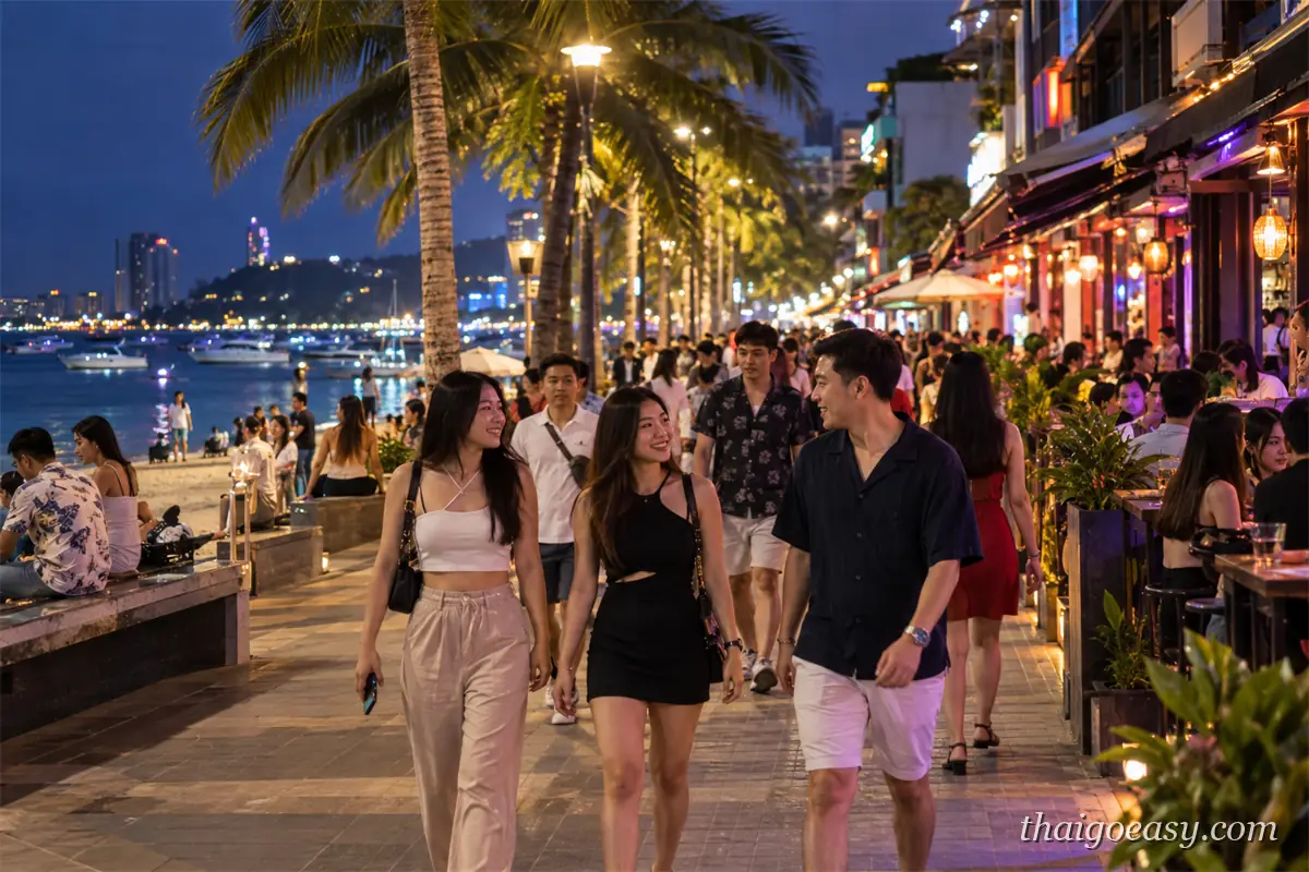 南芭海濱步道的夜晚，人潮沿著椰子樹下的步道走動，右側店家亮起霓虹與燈籠，左側沙灘外停著遊艇
