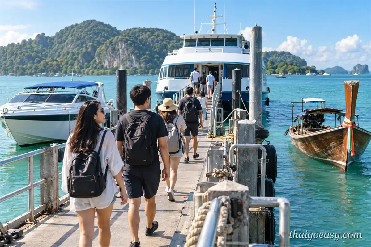 旅客背著背包沿碼頭棧橋走向白色客船，兩側停著快艇與長尾船