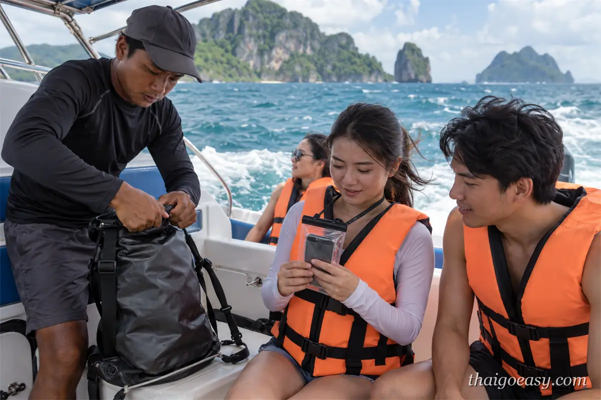 船員在快艇上整理防水袋，穿橘色救生衣的旅客拿著裝在防水套裡的手機，背景是浪大的海面與石灰岩島
