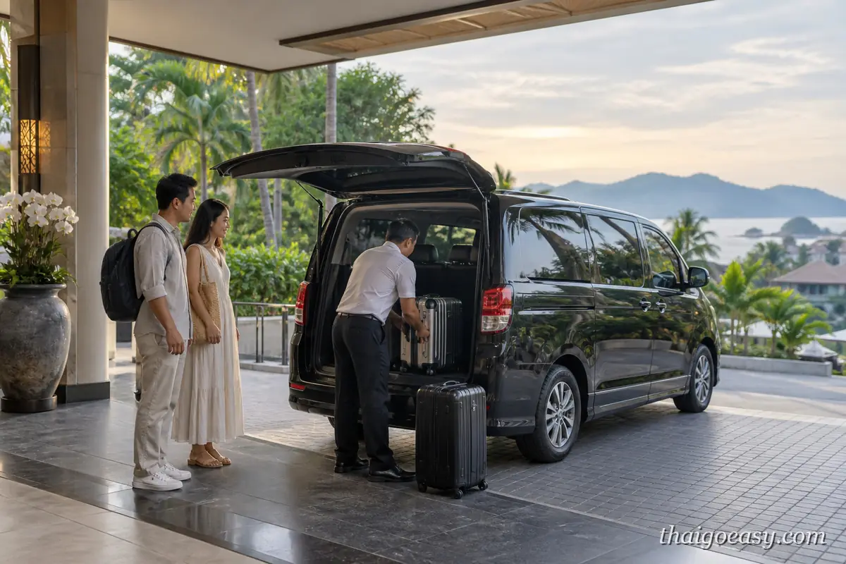 接送司機在飯店門廊幫旅客把行李搬上廂型車，背景是海灣黃昏