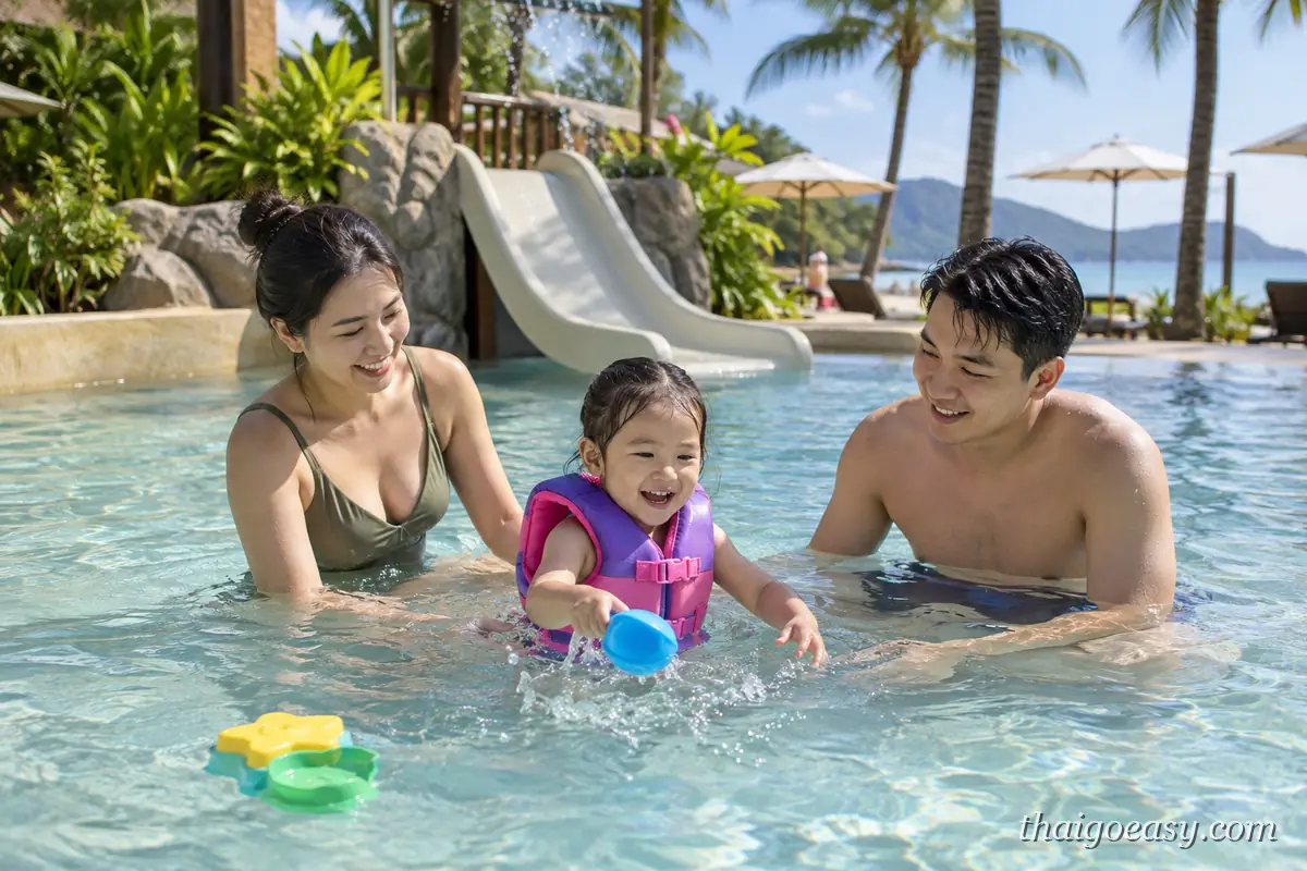 一家三口在有滑水道的親子泳池玩水，小孩穿著浮力背心
