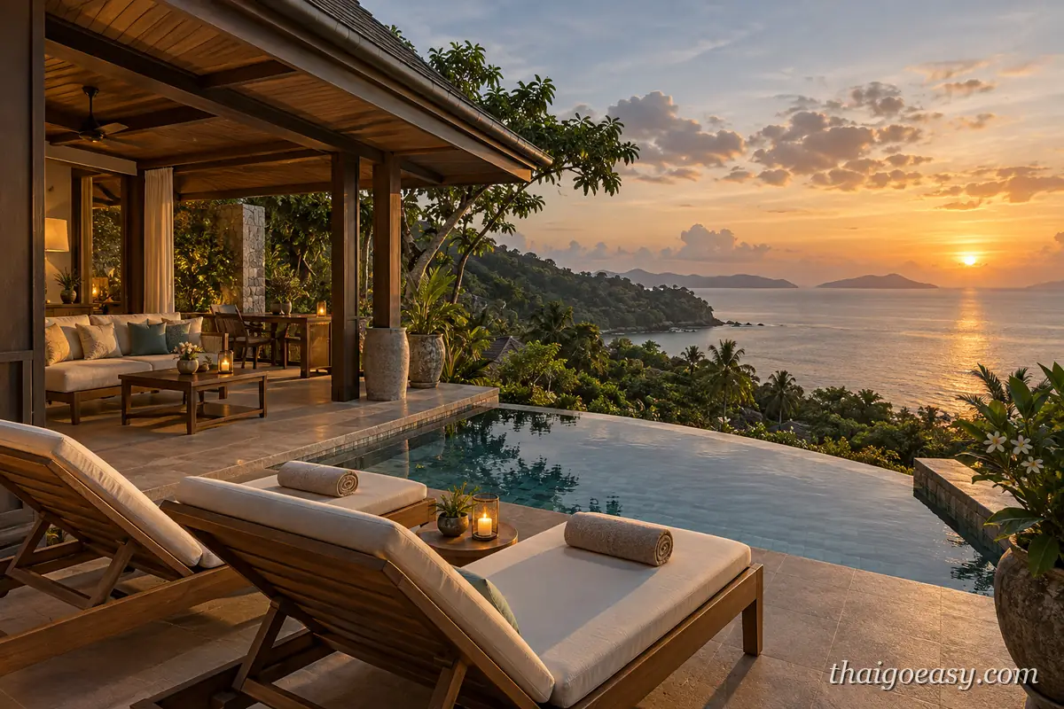 山坡上的私人泳池 Villa 黃昏，躺椅面向安達曼海與離島