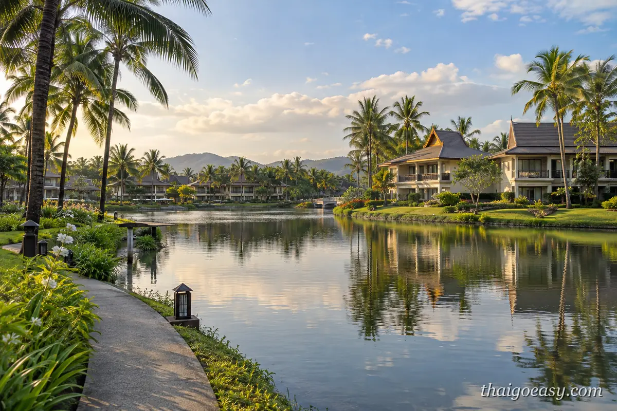 邦濤 Laguna 園區湖畔的度假村與棕櫚樹，黃昏倒影