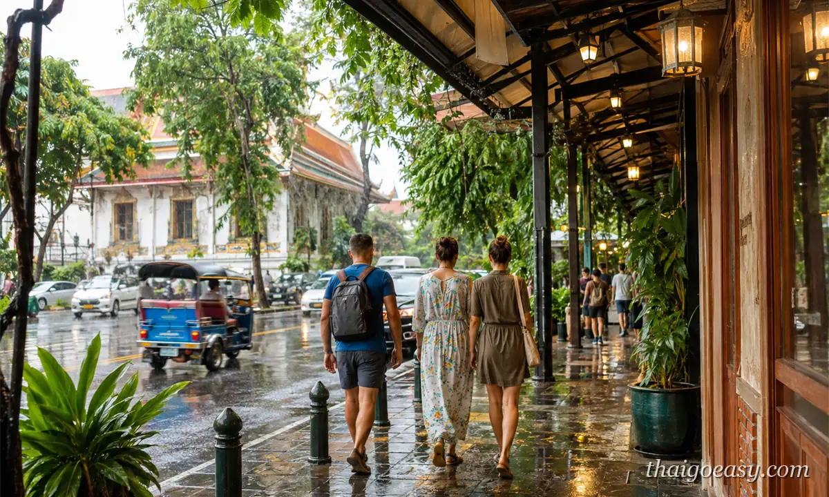 泰國雨季的曼谷街景，旅客走在騎樓下，路面積水映著店家燈光與嘟嘟車（精選圖用）