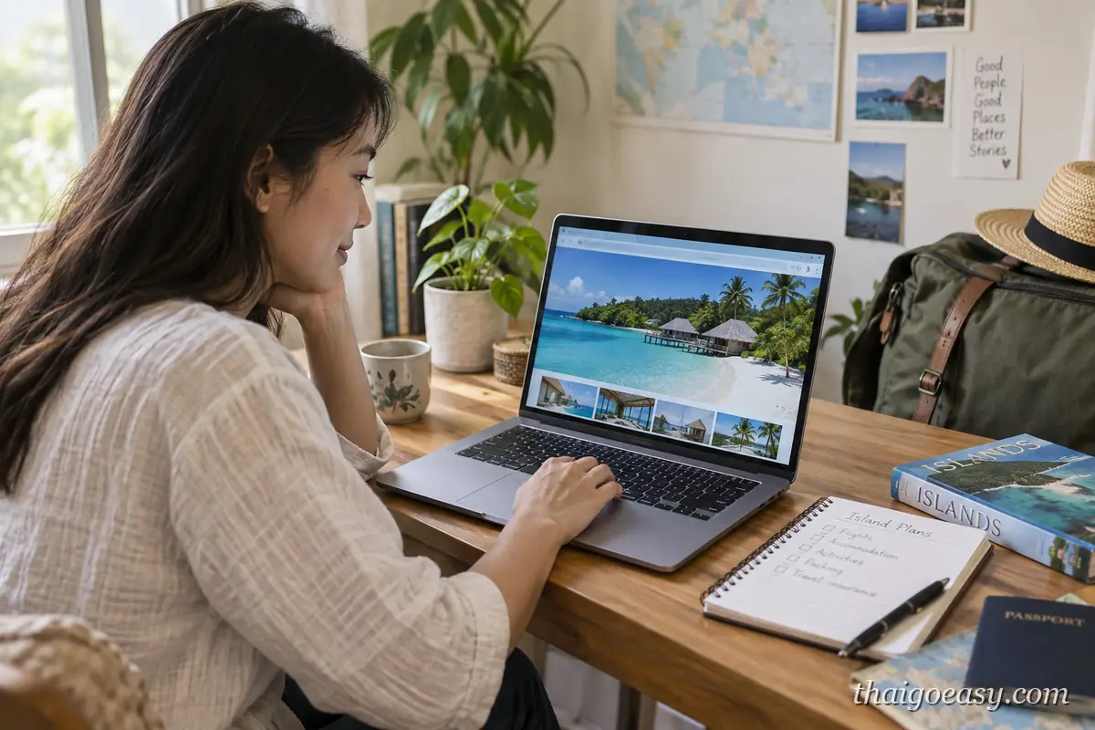 女性旅客坐在書桌前用筆電瀏覽訂房網站的海景房型，桌上有筆記本、護照與旅遊書，旁邊放著背包與草帽
